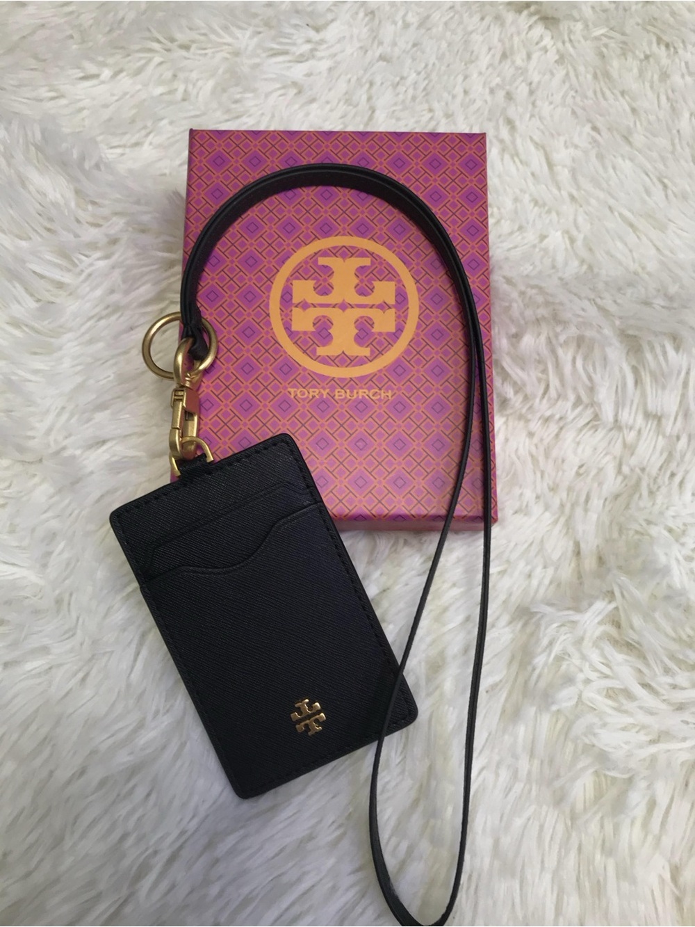 Tory Burch Black Leather Card Holder Lanyard
